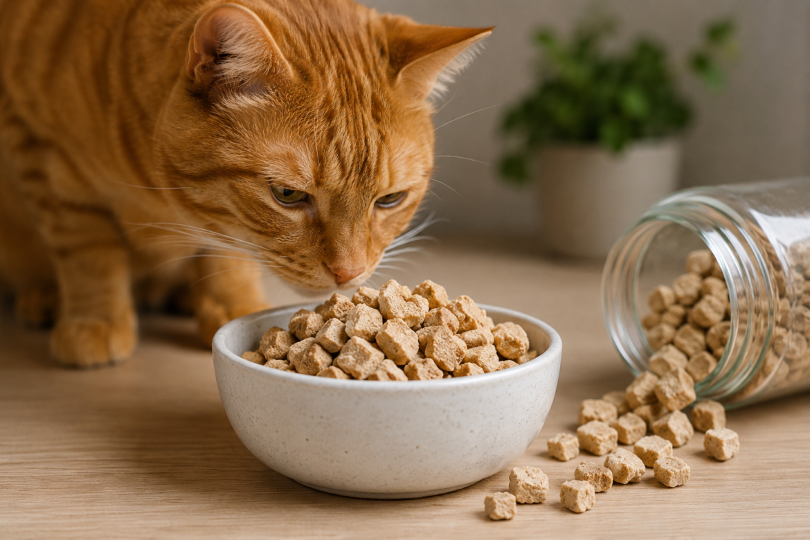 orange-tabby-cat-sniffing-freeze-dried-cat-food-in-bowl