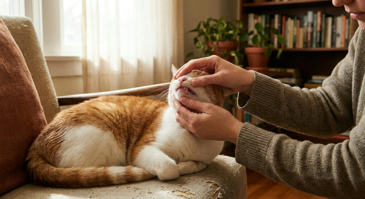 Cat dental care: checking a cat gumline for early signs of dental disease