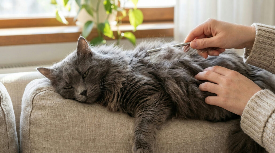 Long-haired cat being combed, one of the simplest cat hairball remedies