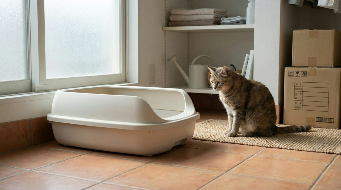 Tabby cat sitting beside a large open litter box, illustrating a cat not using litter box setup check