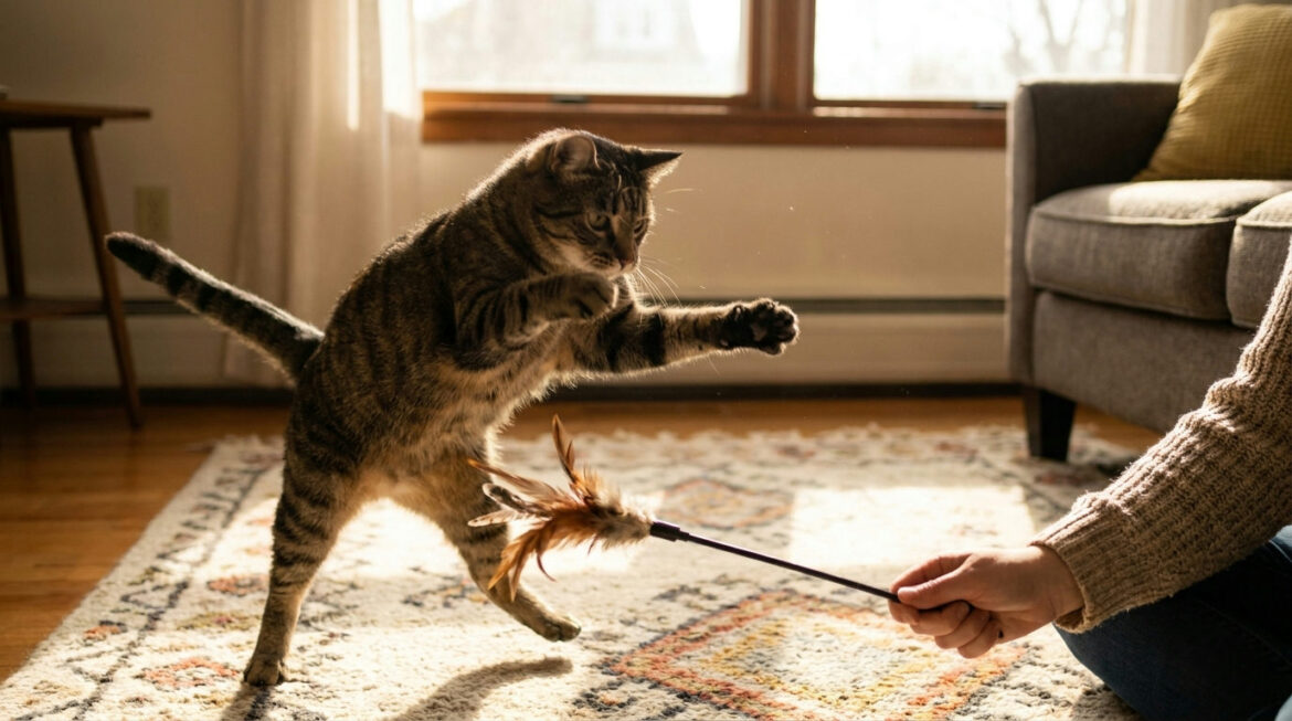 Cat pouncing on a feather wand toy, showing how to play with your cat