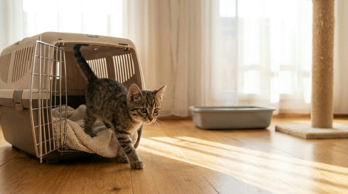 Tabby kitten stepping out of a carrier in a quiet base room, illustrating a new kitten checklist