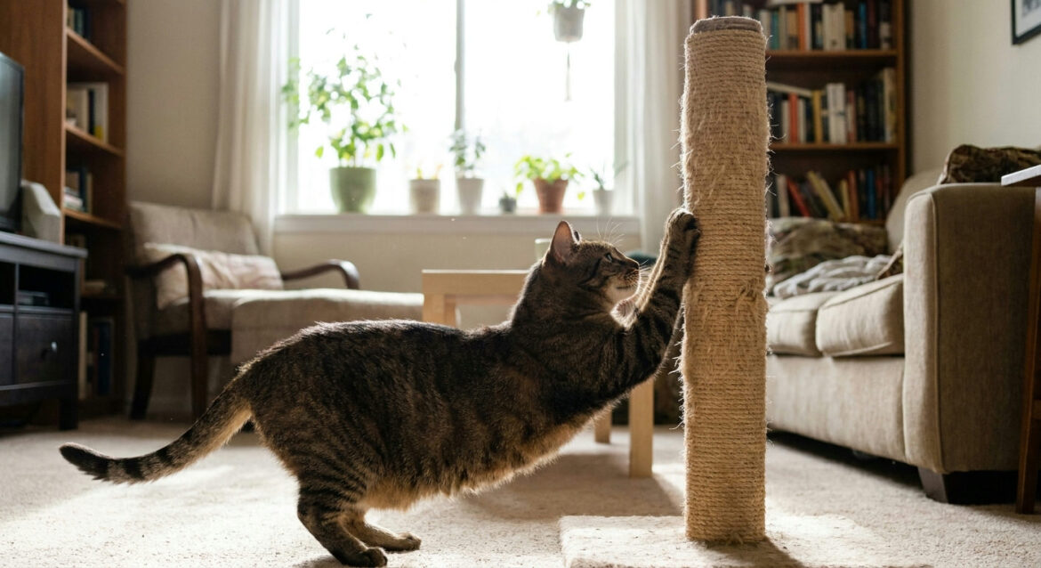 Cat scratching a tall sisal post, stretching fully through the shoulders